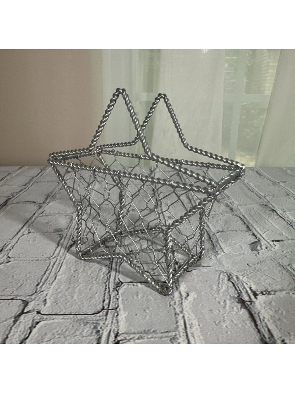 Silver Star-Shaped Wire Metal Decorative Basket Freestanding 6” X 6” X 2.5”